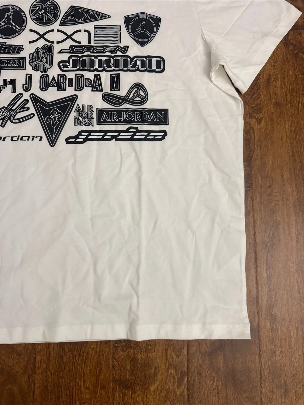 Jordan White Short-Sleeve Tee with Navy Logo Collage